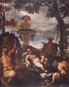 A Putto With Two Satyrs Before A Column With A Statue Set In A Landscape by Giulio Carpioni