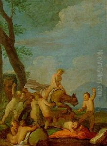 Putti Playing With A Leopard In A Landscape by Giulio Carpioni