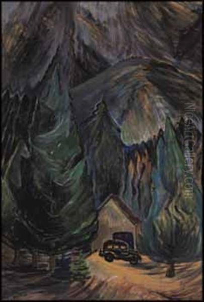 Forest Interior With Car And Cottage - view 1