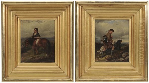 Hunter In Kilt With Game Birds And Dogs And Young Woman With Pony (pair) - view 1
