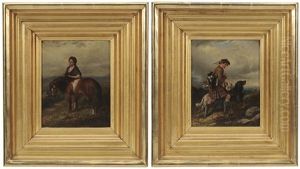 Hunter In Kilt With Game Birds And Dogs And Young Woman With Pony (pair) by Samuel S. Carr