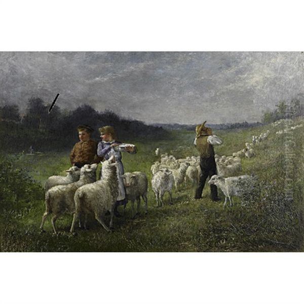 A Family Tending Sheep - view 1