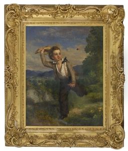 A Young Boy Running While Shooing A Butterfly With His Straw Hat