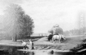 A Landscape With Children Fishing, Hay Wagons And Figures A Landscape With Children Fishing, Hay Wagons And Figures