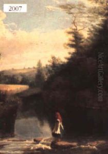 Crossing The River: Girl Standing By The Rapids In A River by Samuel S. Carr