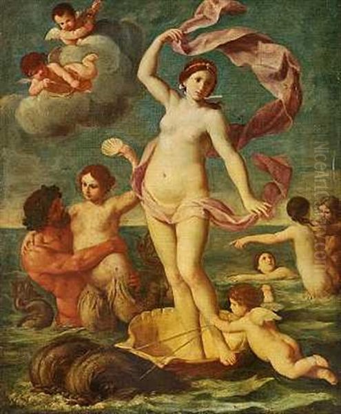 Den Skumfodte Venus Staende Pa En Muslingeskal I Havet, Omgivet Af Engle Og Havnymfer - view 1