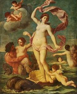 Den Skumfodte Venus Staende Pa En Muslingeskal I Havet, Omgivet Af Engle Og Havnymfer