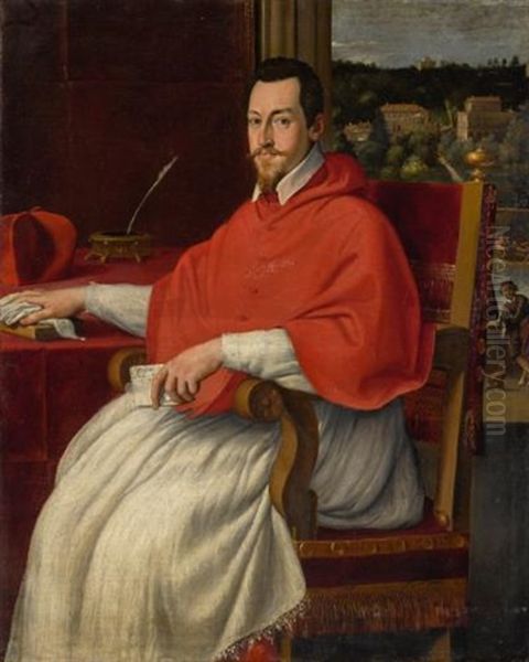 Portrait Of Cardinal Odoardo Farnese (1583-1626), Three-quarter Length, Seated In The Camerino Degli Eremiti In Palazzetto Farnese, Before A Window, With The Court Entertainer "hairy Harry" And His Dog, The River Tiber And The Farnesina Beyond - view 1