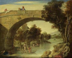 Fishermen In A Italianate River Landscape With Figures On A Bridge by Annibale Carracci