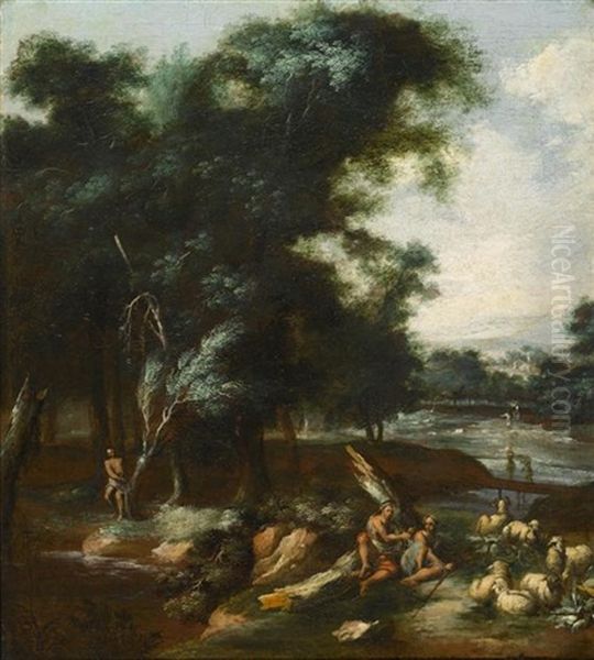 Mediterrane Landschaft Mit Hirtenpaar Im Vordergrund - view 1