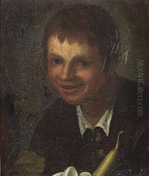 Portrait Of A Boy, Bust-length, In A Brown Coat With A White Shirt, Holding Some Vegetables - view 1