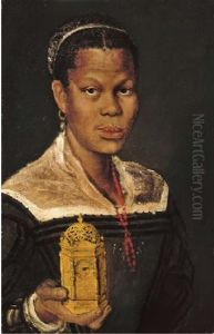 Portrait Of A Black Lady, Bust-length, Wearing A Coral Necklace And Holding An Ormolu Table Clock In Her Right Hand