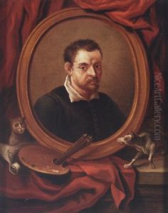 Still Life With A Portrait Of Annibale Carracci, A Dog And A Cat, Together With A Palette And Brushes Before A Red Curtain by Annibale Carracci
