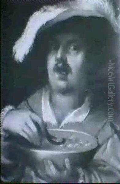 Portrait Of A Man, Small Half Length, In A Red Jacket And A Plumed Hat, Eating A Bowl Of Soup - view 1