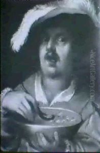 Portrait Of A Man, Small Half Length, In A Red Jacket And A Plumed Hat, Eating A Bowl Of Soup by Annibale Carracci
