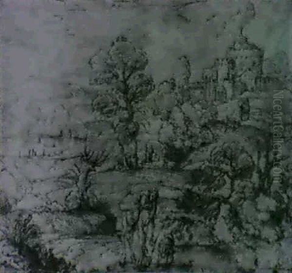 Paysage Avec, Sur Le Devant, Un Homme Monte Sur Un Ane Qui S'abreuve - view 1