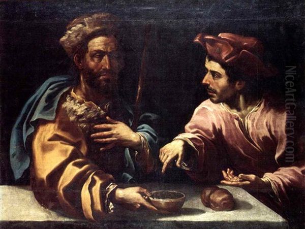 Two Men At A Table Discussing A Bowl Of Food - view 1