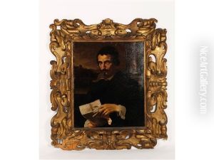 A Portrait Of A Gentleman Wearing A Black Coat And Holding A Letter, With A Landscape Beyond
