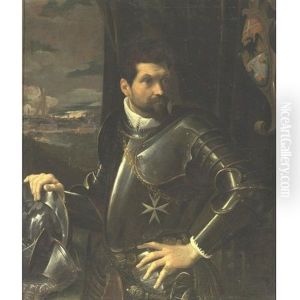 Portrait Of Carlo Alberto Rati Opizzoni In Armour, Three-quarter Length Standing, Wearing The Order Of The Knights Of Malta, A View Of The City Of Bologna Beyond by Ludovico Carracci