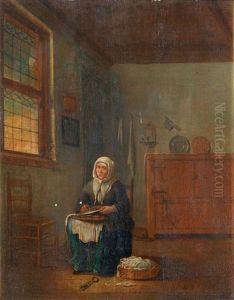 An Interior With A Woman Sewing