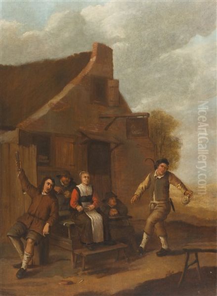 Frohlich Zechende Bauern Vor Einem Wirtshaus - view 1