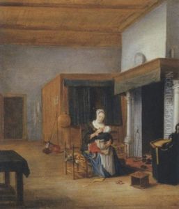 An Interior With A Woman Seated By The Fire Holding A Child Upon Her Lap