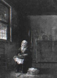 Woman Sewing In An Interior by Franciscus Carre