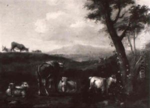 Cattle, Sheep And A Goat In An Italianate Landscape by Johannes Carre