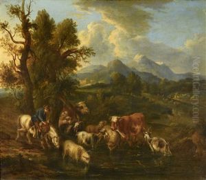 Franchissement Du Gue Par Un Troupeau Dans Un Paysage De Montagne by Michiel (Carree) Carre