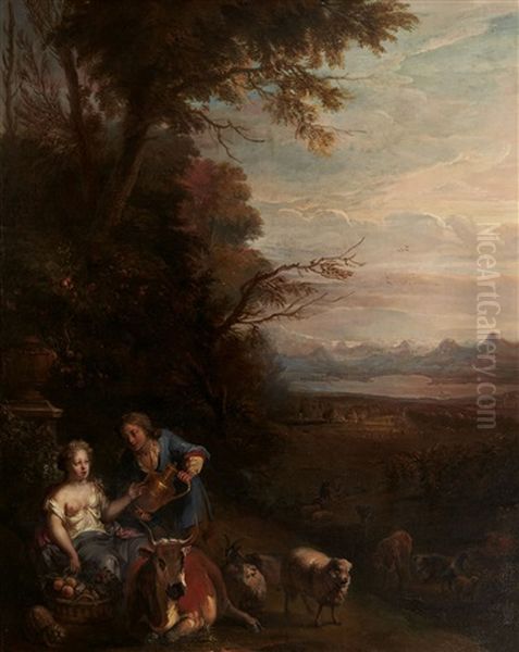 Couple De Bergers Et Leur Troupeau Dans Un Paysage - view 1