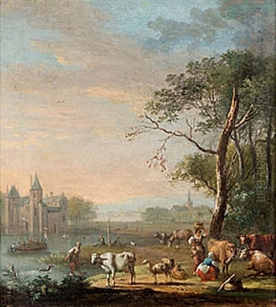 Slottslandskap Med Figurer Och Boskap - view 1