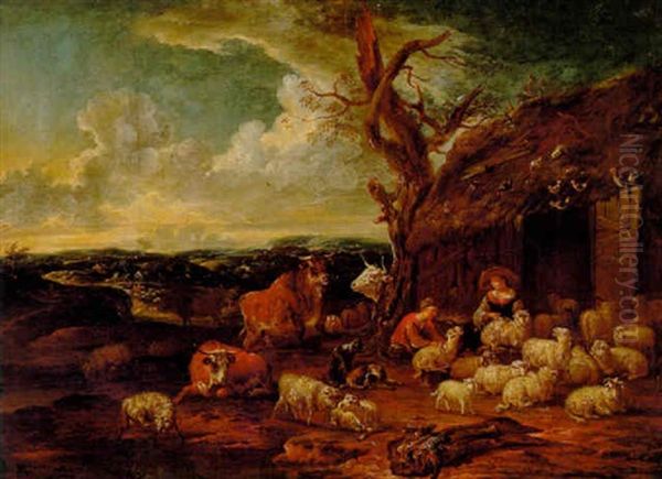 Pastorale Med Ungt Par, Der Klipper Farene Omgivet Af Koer, Hons Og Hunde Foran Et Strataekt Hus - view 1
