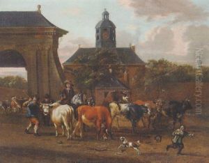 Cattle And Drovers By An Archway Leading To A Mansion by Michiel (Carree) Carre