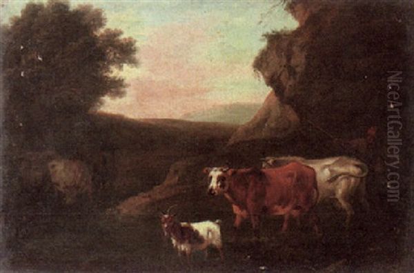 A Herdsman And Cattle Watering At A Stream - view 1