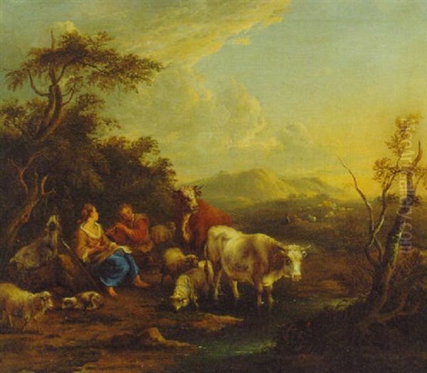 A Shepherd And Shepherdess With Castle And Sheep At A Pool - view 1