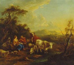 A Shepherd And Shepherdess With Castle And Sheep At A Pool thumbnail