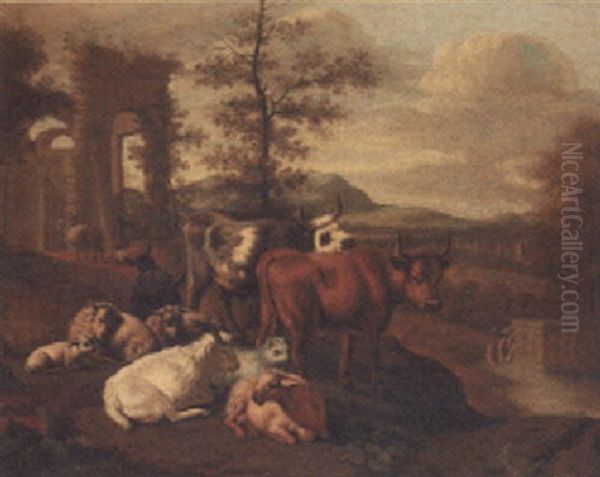 Cattle, Goats And Sheep Grazing In A Landscape With Figures By A A Ruin Beyond - view 1
