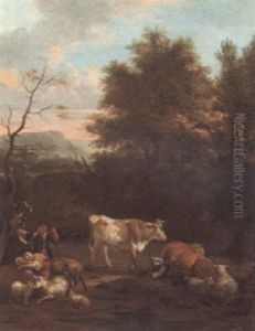 A Wooded Landscape With A Shepherd And Shepherdess by Michiel (Carree) Carre