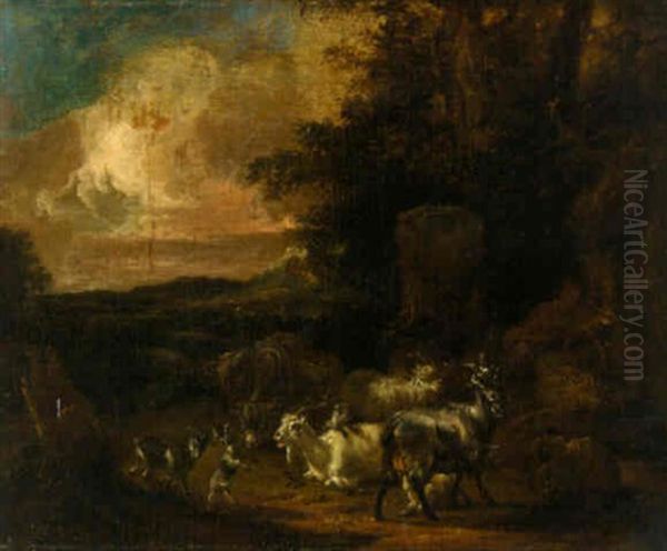 Goats, A Mule And A Traveller Resting In A Landscape - view 1