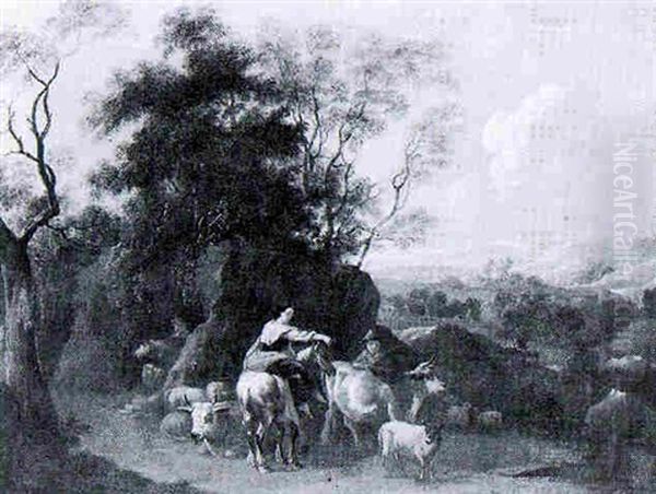A Shepherdess And Cowherd With Their Live-stock - view 1