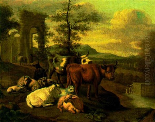 Cattle, Goats And Sheep By A Ruined Temple - view 1