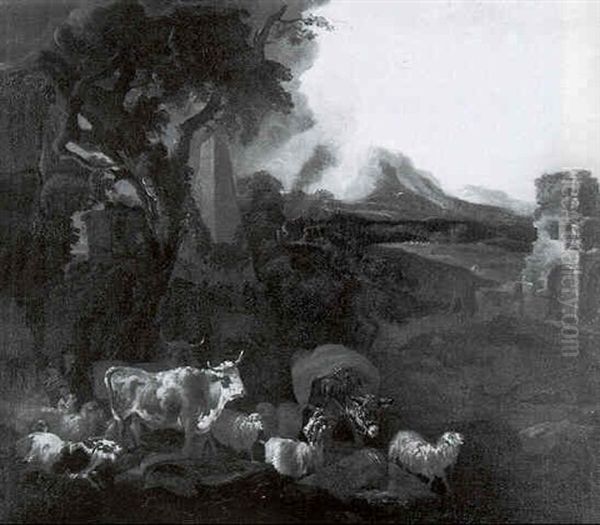 Herd Animals By Classical Ruins In A Mountainous Landscape - view 1