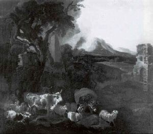 Herd Animals By Classical Ruins In A Mountainous Landscape by Michiel (Carree) Carre