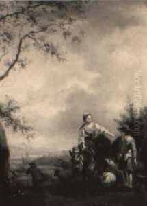 Peasant Woman On A Donkey With Shepherds In A Capriccio Landscape by Michiel (Carree) Carre