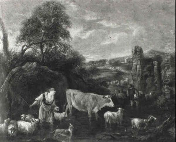 Rocky Landscape With Shepherd Pair Driving Cattle Across River - view 1
