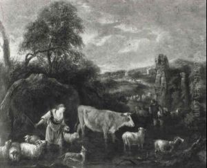 Rocky Landscape With Shepherd Pair Driving Cattle Across River by Michiel (Carree) Carre