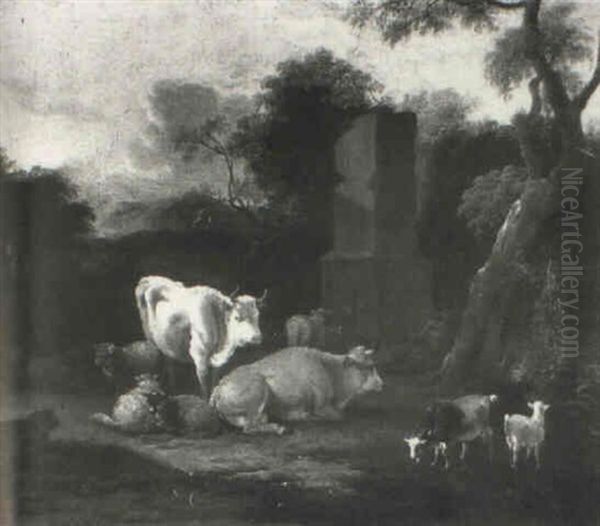 Cattle, Sheep And Goats By A Ruined Column - view 1