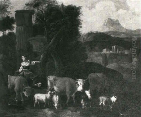 A Peasant Woman And Her Livestock Travelling To A River's Edge Beside Classical Ruins - view 1