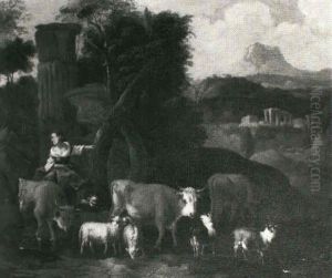 A Peasant Woman And Her Livestock Travelling To A River's Edge Beside Classical Ruins by Michiel (Carree) Carre