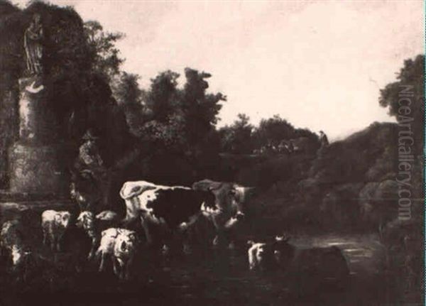 Hirt Mit Kuhen, Ziegen, In Einem Kleinen Wasserlauf Stehend - view 1